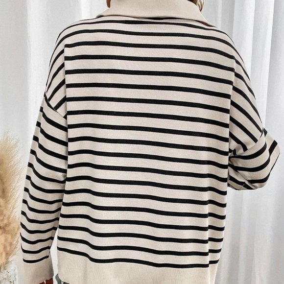 Casual Womens Striped Pattern Quarter Zip Drop Shoulder Sweater old money - Picture 2 of 5